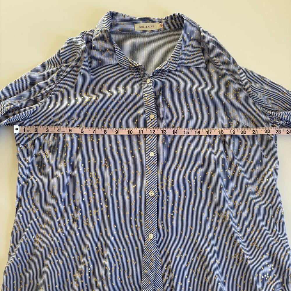 Solitaire Blue and White Striped Long Sleeve Button Down Blouse Gold Star Print - Picture 3 of 6